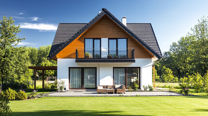 Modern detached house with gable roof and garden on sunny day