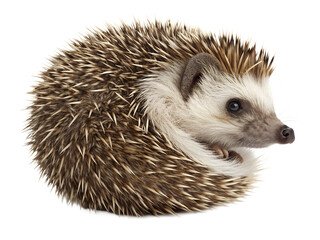 Obraz premium A curled up hedgehog with white and brown quills isolated on a transparent background