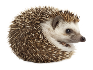 A curled up hedgehog with white and brown quills isolated on a transparent background