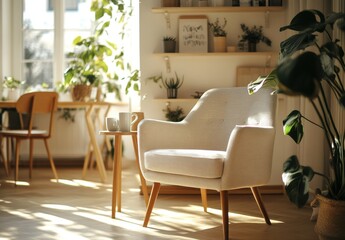interior of one chair in the living room, in the corner of the room, you can see the dining table and chairs behind it, the window during the day, plants decorate the window, small vase decorations on