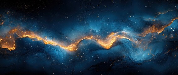 Obraz premium Abstract Nebula in Deep Blues with Golden Veins and Starry Glimmering Dust