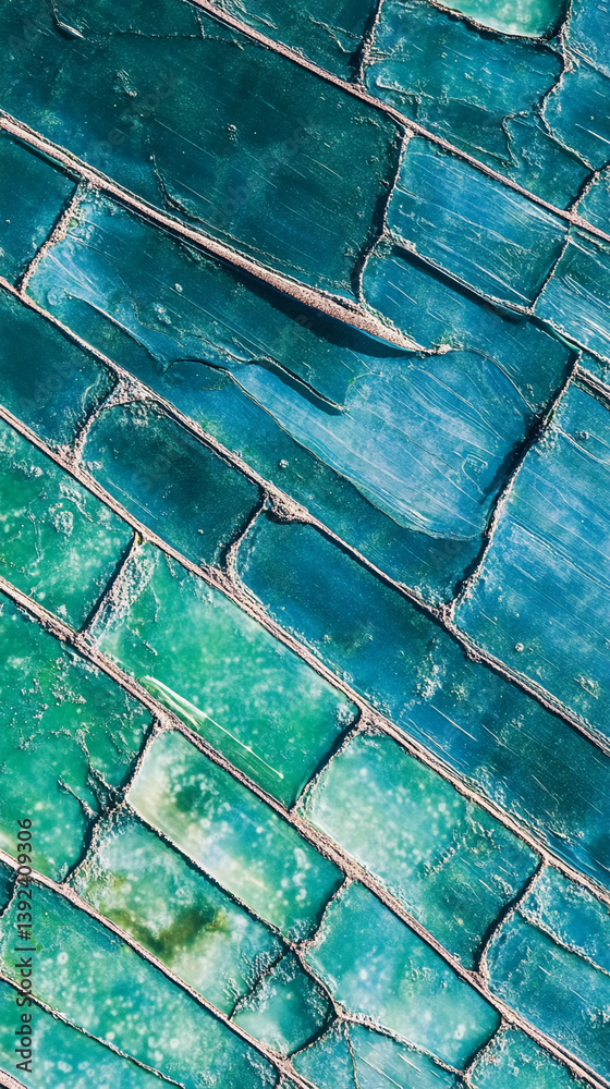 Poster aerial view of turquoise rectangular salt pans, creating a textured, geometric pattern, showcasing n
