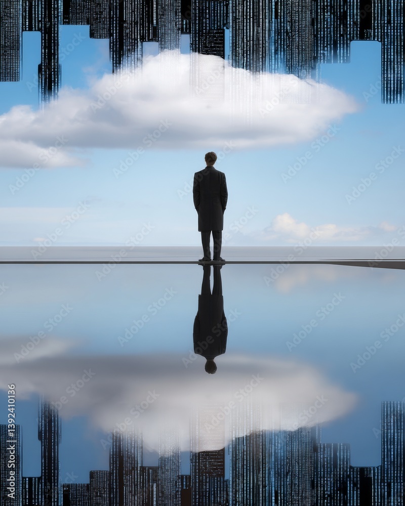 Poster in the global network of cloud data storage services, a man is working with generative ai