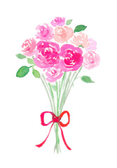リボンのついたピンクのバラの花束