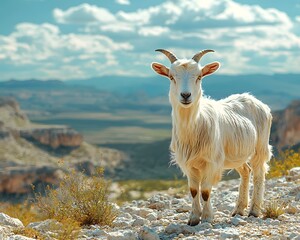 Obraz premium A goat stands resilient on rugged arid terrain