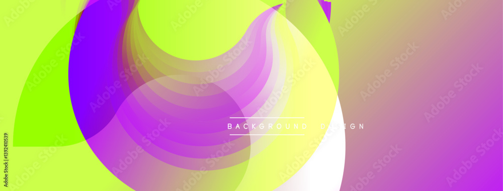 Poster Vibrant overlapping circles create abstract gradient background. Colors transition from purple to yellow, then pink. Modern design, smooth shapes.