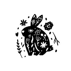 Folk Art Rabbit Silhouette with Floral and Botanical Elements. Hand-Drawn Bunny Illustration with Whimsical Details.