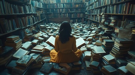 A woman reads a book surrounded by many other scattered books