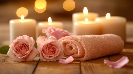 Serene spa setting with pink roses, rolled towel, and glowing candles. A perfect relaxation and wellness concept for beauty, aromatherapy, or luxury spa promotion.