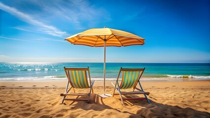 Beach chairs and umbrellas on a tropical beach with clear blue skies and calm ocean waves perfect for a relaxing vacation by the sea