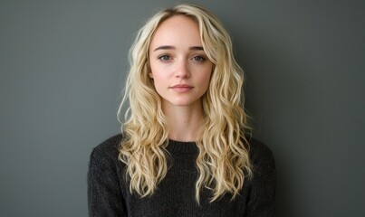 Fototapeta premium The blonde model girl has a beautiful smile and long curly hair, and the smiling blond woman has a wavy curls hairstyle in this fashion, beauty, and makeup portrait
