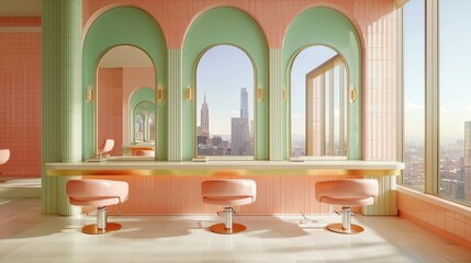 Modern barber shop with a pink-themed interior, including a row of armchairs and a range of decorative accessories