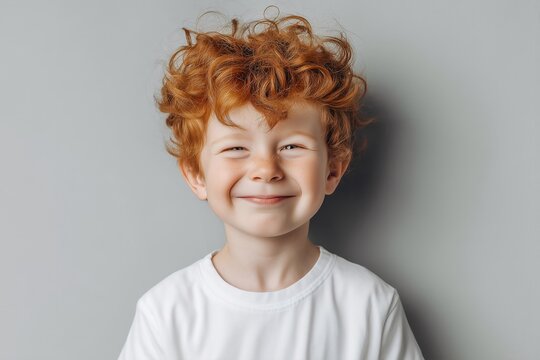 Close up portrait of a smiling red haired boy with freckles against gray background
