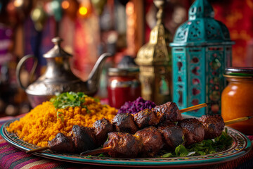 Moroccan lamb skewers with couscous and vegetables served on patterned plate, vibrant North African dish with lanterns and teapot for cultural and culinary presentations