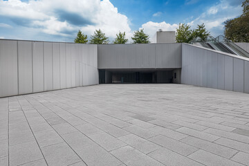 Empty paved plaza ground leading to a modern building entrance.
