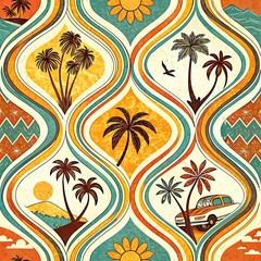 Retro Summer Palm Trees Vintage Car Seamless Pattern Design sun art web blue mood beach   