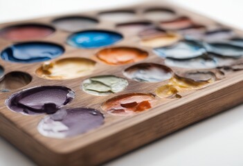 Naklejka premium paints art isolated white palette wooden photo various closeup painting design wood artwork education colourful bright nobody paint equipment tool watercolor dye colours high-coloured study learning