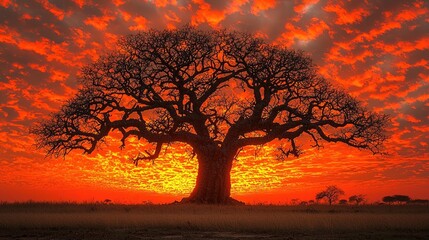 Baobab tree silhouette at sunset on savanna, fiery sky with dramatic clouds, golden hour
