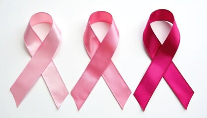 Pink ribbons isolated on white. Breast cancer awareness symbol. Support, hope, prevention concept. Fight disease, healthcare. Charity event, fundraising campaign against tumor illness.