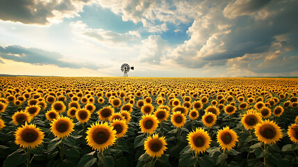 Fototapeta premium sunflower, field, flower, nature, sky, agriculture, yellow, summer, sun, plant, sunflowers, blue, meadow, farm, growth, leaf, rural, sunny, color, bright, blossom, landscape, beauty, flowers, crop