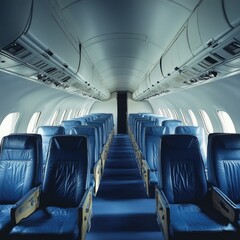 Empty airplane cabin interior.  Rows of blue seats line the aisle.  Overhead compartments and ventilation are visible