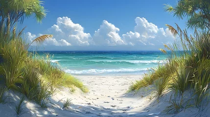 Plexiglas schilderij Duinen Tranquil palm fringed beach with swaying dunes and sea oats  © Bussakon