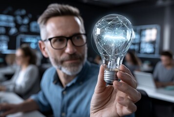 A lightbulb held by a businessman serves as a symbol for visionary leadership, genius strategy, and expertise in the realm of digital energy, electricity, and innovative business solutions