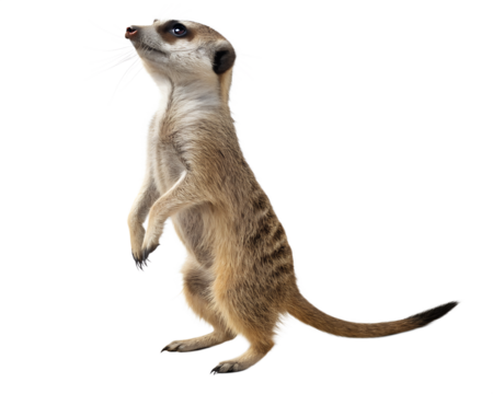 A meerkat standing upright looking upisolated on a transparent background