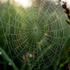 Obraz premium Intricate Web of Life: A mesmerizing close-up showcases a dew-kissed spiderweb, a testament to nature's artistry and the delicate beauty of the natural world.