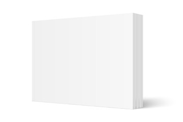 Vector mockup of standing paperback book with white blank softcover isolated. Horizontal book, catalog or magazine mock up on white background. 3d illustration. Diminishing perspective.