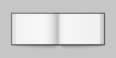Vector mockup of hardcover horizontal book spread with black cover isolated. Realistic book, brochure or booklet template opened on white background. 3d illustration.