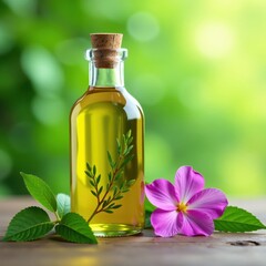 Herb-infused oil in a glass bottle with lush greenery and flowers, botanicals, herbs