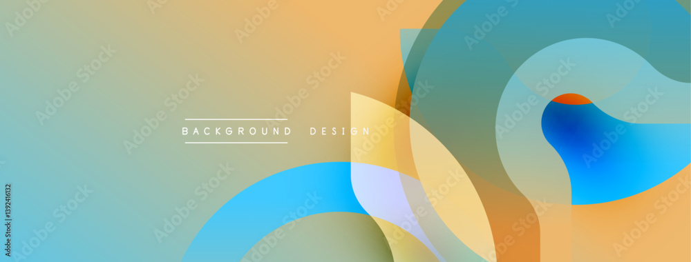 Poster Abstract shapes overlap creating vibrant color gradients. Smooth curves, modern design, neutral tones, blue accents, warm palette. Minimalist aesthetic.