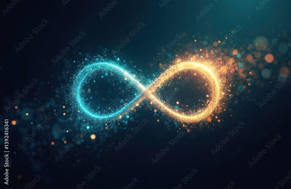 Aufkleber illustration infinite symbol. dark blue background with sparkling light particles creating endless l
