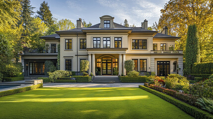 Elegant mansion with manicured gardens and lush greenery