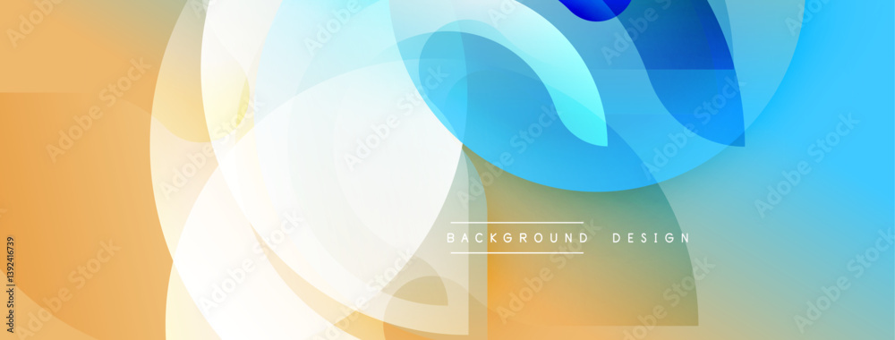 Poster abstract shapes overlap, creating vibrant blue, orange gradients. smooth transitions, modern design,