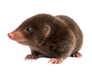 A small brown shrew with a pink nose and whiskers is sitting isolated on a transparent background