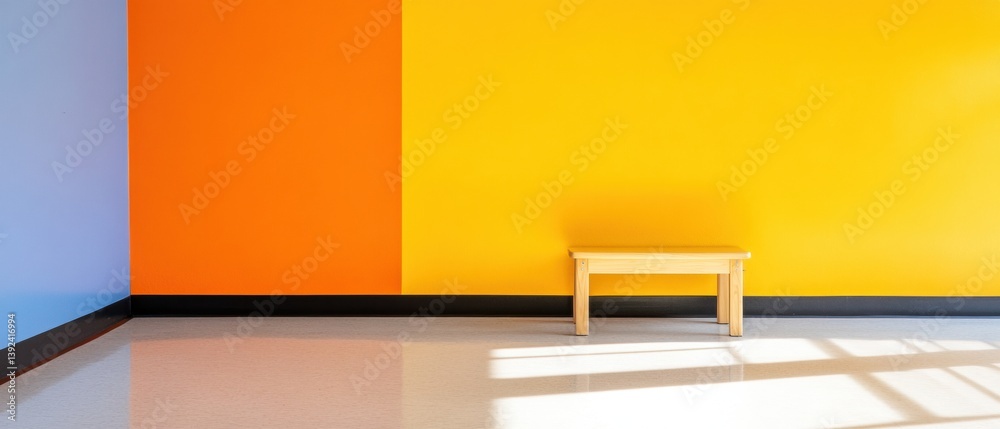 Poster minimalist neurodivergent learning space color-block classroom design with sensory-friendly wooden b