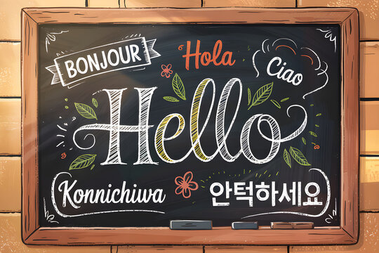 Blackboard showing hello in different languages with floral decorations