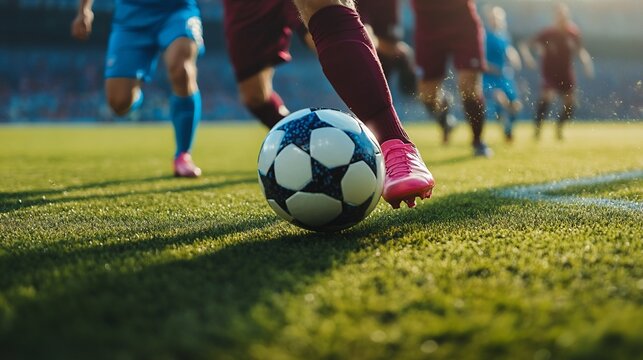 Soccer player dribbling, stadium background, action shot, sports