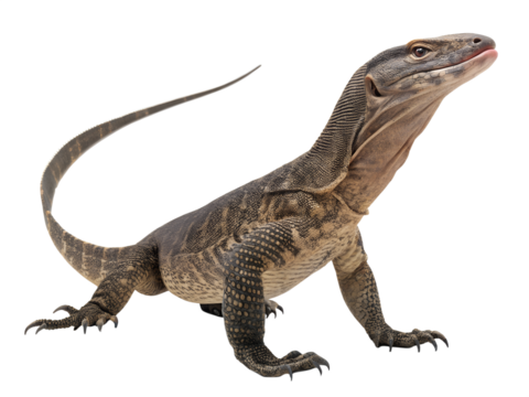 A monitor lizard standing with its head raised and tail curved isolated on a transparent background