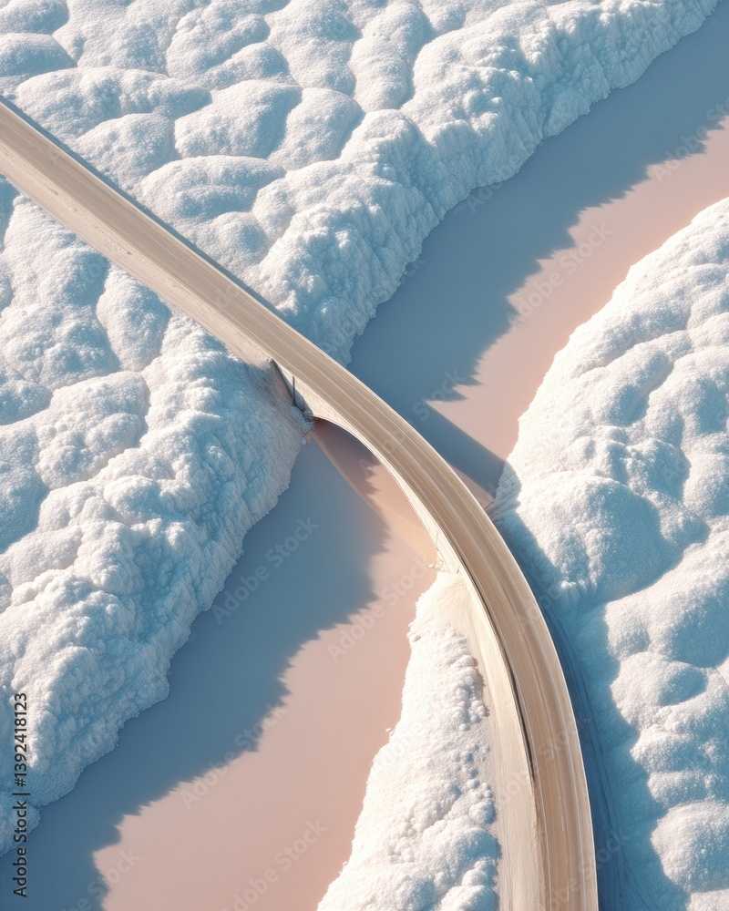 Poster minimal infrastructural poetry ethereal curved highway weaving through soft cloud-like topographical