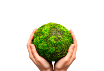 Hands hold a green and vibrant globe isolated on transparent background
