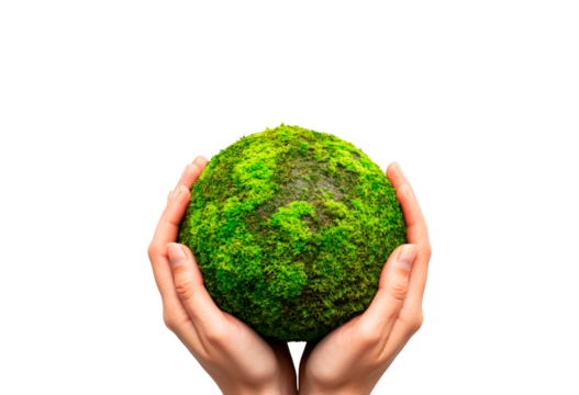 Hands hold a green and vibrant globe isolated on transparent background