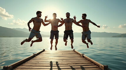 The image shows four men jumping off a wooden dock into the water. The dock is surrounded by hills and the sky is filled with clouds. The men are in mid-air