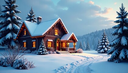 Fototapeta premium House with festive holiday decorations surrounded by snow-covered evergreen trees in a serene winter landscape, trees, lights