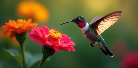 Fototapeta premium Hummingbird in flight hovering near vibrant flower, wildlife, flowers
