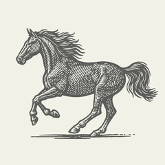 Horse running. Vintage detailed etching engraving style vector illustration. 