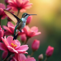 Naklejka premium Hummingbird suspended in mid-air near blooming flower petals, wings, blossom