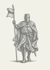 Obraz premium Crusader in full armour carrying a flag. Vintage detailed woodcut engraving style vector illustration. 